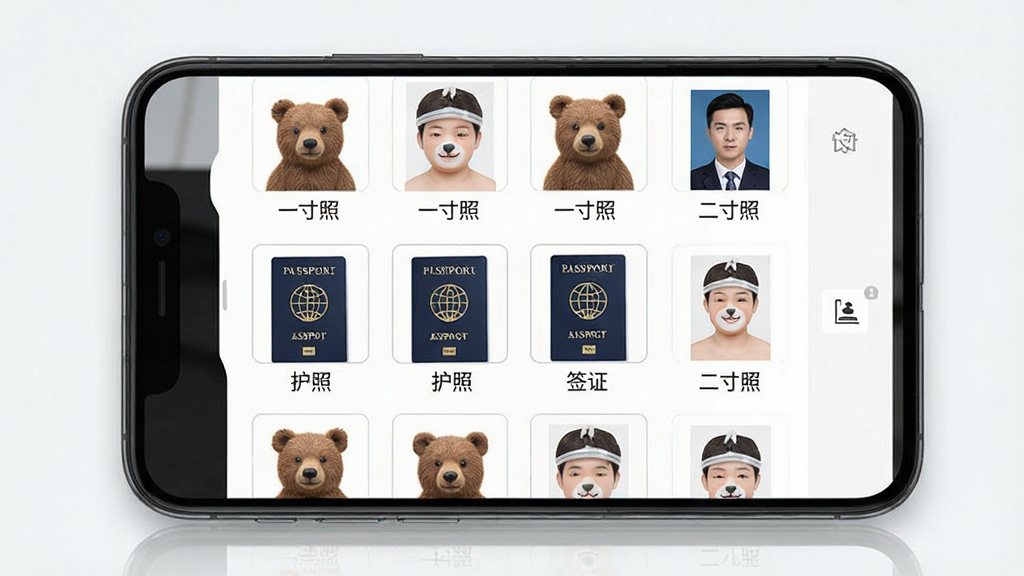 一张展示小熊电子证件照尺寸模板库界面的图片,画面中是一个手机屏幕,屏幕上以网格形式排列着各种证件照模板缩略图,每张缩略图下方标注“一寸照”“二寸照”“护照”“签证”等文字,界面排版整齐,风格清爽,画质高清,干净整洁