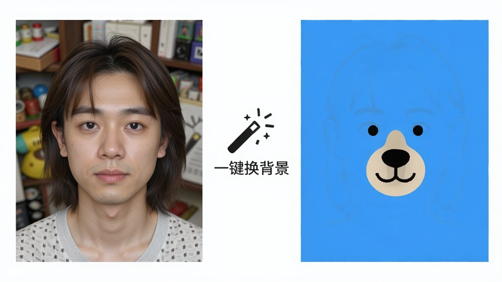 一张展示小熊电子证件照智能抠图功能的对比图,左侧为人物在杂乱背景下的原图,右侧为抠图后换上纯蓝色背景的证件照效果,画面中间带有一个魔法棒图标和“一键换背景”字样,整体风格干净明亮,细节丰富,画质清晰,无多余元素