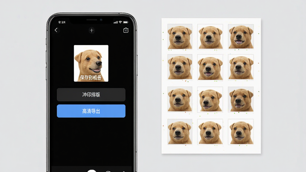 一张展示小熊电子证件照导出与冲印界面的图片,画面中手机屏幕上显示“保存到相册”“冲印排版”“高清导出”等按钮,旁边有一张排版好的八张一寸照拼版图,背景为浅灰色,风格简洁实用,画质高清,干净无杂乱