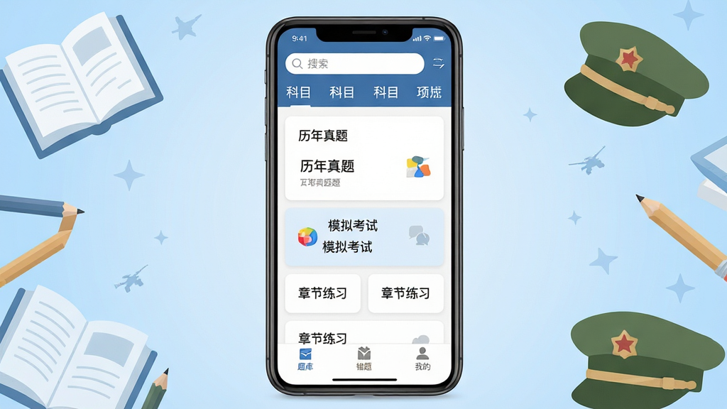 军考题库手机应用主界面展示,画面中央是一部竖屏智能手机,屏幕内显示军考题库App首页,顶部有搜索框与科目分类导航,中部是历年真题、模拟考试、章节练习等功能入口卡片,底部为题库、错题、我的导航栏。背景为浅蓝色渐变,周边点缀书本、铅笔、军帽剪影等学习与军营元素。整体布局简洁清晰,风格为现代扁平化UI展示风,细节上屏幕内文字清晰可辨,画质干净明亮,无多余杂乱元素,适合下载站配图使用