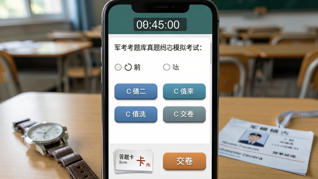 军考题库真题模拟考试界面展示,画面为手机屏幕中显示军考题库的模拟考试页面,顶部有倒计时时间显示,中部为单选题题干与四个选项按钮,底部有答题卡和交卷按钮。背景为安静的教室场景虚化处理,桌面上放着一块手表和准考证。风格为写实教育场景风,细节上界面文字清晰、按钮立体感适中,画质干净无噪点,聚焦学习考试氛围
