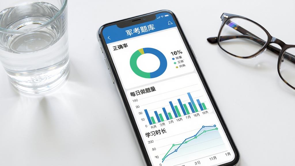军考题库学习数据统计界面展示,画面为手机屏幕中显示军考题库的数据统计页面,包含正确率环形图、每日做题量柱状图、学习时长折线图等可视化图表,配色以蓝色和绿色为主。背景为简洁的白色桌面,旁边放着一杯水和一副眼镜。风格为现代数据可视化风,细节上图表清晰、数据标注明确,画质干净利落,无杂乱元素