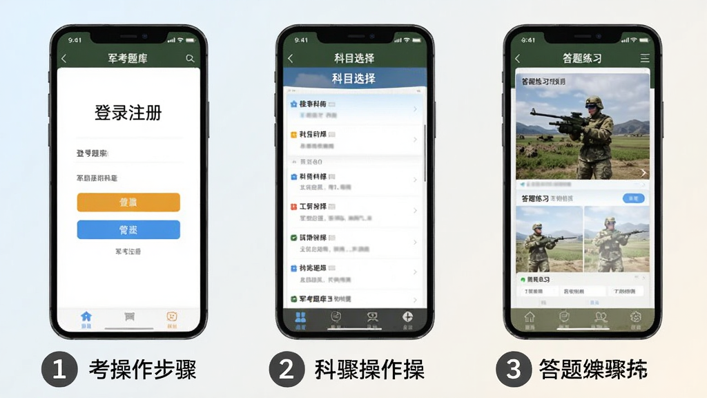 军考题库安卓手机刷题操作步骤示意图,画面为三部手机并排展示,从左到右依次显示军考题库的登录注册页、科目选择页、答题练习页,每部手机下方有简短的操作步骤标注文字。背景为浅色渐变,风格为步骤教程展示风,细节上界面元素清晰、步骤编号醒目,画质干净整洁,适合作为使用教程配图