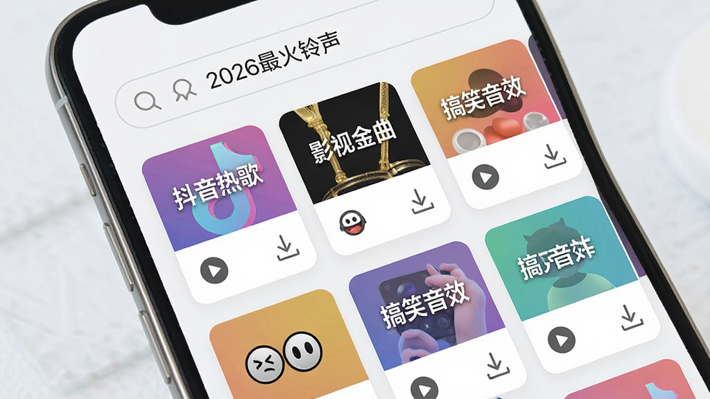 手机屏幕显示酷炫铃声的资源库页面,顶部搜索框写着“2026最火铃声”,下方排列多个铃声分类卡片,卡片上有“抖音热歌”“影视金曲”“搞笑音效”等文字,界面背景为浅色,布局整齐,风格清新简约,细节包含播放按钮和下载图标,画质高清,干净,无多余元素