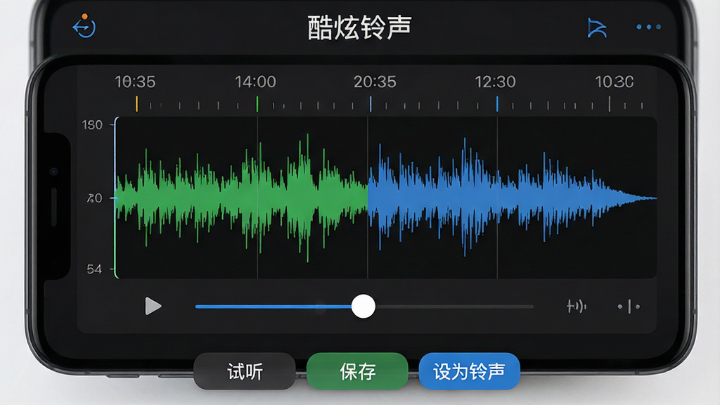 手机屏幕展示酷炫铃声的音频剪辑界面,中央是绿色和蓝色的音频波形图,上下有拖动滑块选取片段,底部有“试听”“保存”“设为铃声”按钮,屏幕上方显示“酷炫铃声”文字,布局清晰,风格专业工具感,细节包含时间轴刻度,画质高清,干净,无多余元素