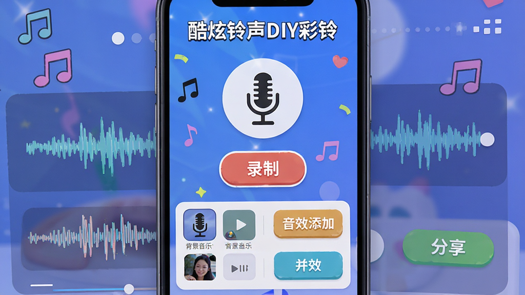 手机屏幕显示酷炫铃声的彩铃DIY界面,中央有麦克风图标和“录制”按钮,下方有背景音乐选择列表和音效添加选项,界面顶部显示“酷炫铃声DIY彩铃”,布局分明,风格活泼有趣,细节包含波形录制条和分享按钮,画质高清,干净,无多余元素