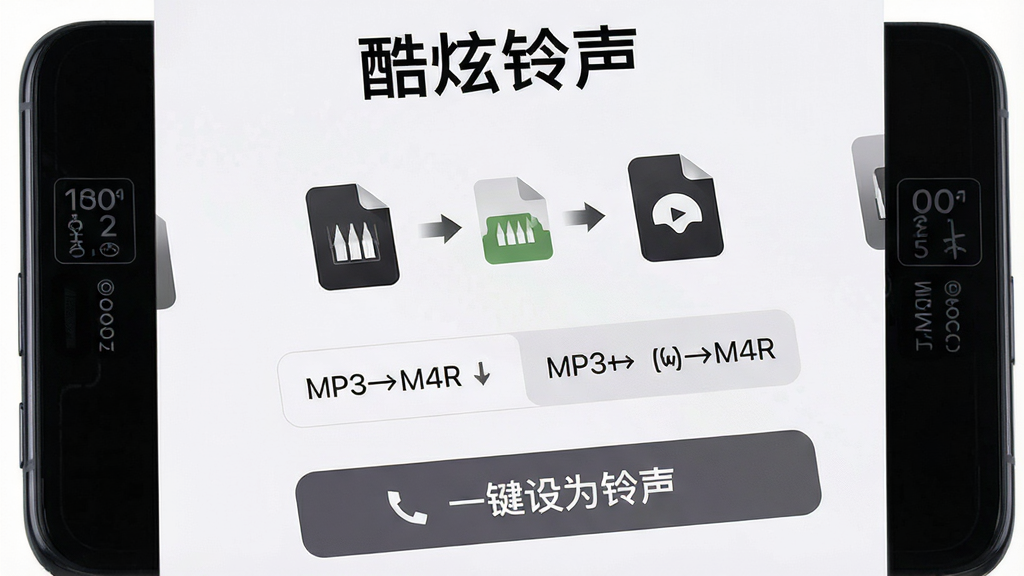 手机屏幕显示酷炫铃声的格式转换与设置界面,中央有文件格式图标和转换箭头,下方显示“MP3→M4R”等格式选项,底部有“一键设为铃声”按钮,屏幕上方显示“酷炫铃声”文字,布局简洁,风格高效工具感,细节包含手机型号识别信息,画质高清,干净,无多余元素