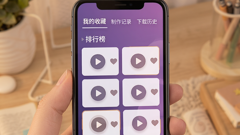 手机屏幕显示酷炫铃声的个人收藏页面,顶部有“我的收藏”“制作记录”“下载历史”标签,下方排列多个铃声卡片,每张卡片有播放按钮和收藏心形图标,界面背景为渐变紫色,布局整齐,风格温馨个性化,细节包含排行榜入口,画质高清,干净,无多余元素