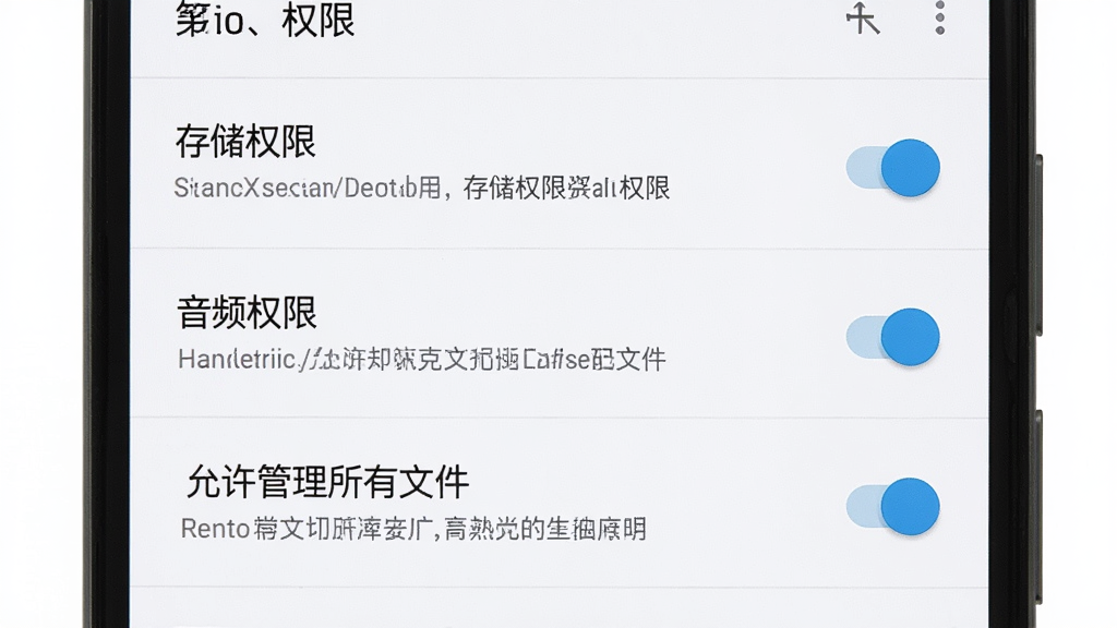 一部安卓手机展示酷炫铃声的权限设置页面,屏幕上有“存储权限”“音频权限”“允许管理所有文件”等开关选项,界面背景为白色,布局清晰,风格系统设置感,细节包含权限说明文字,画质高清,干净,无多余元素