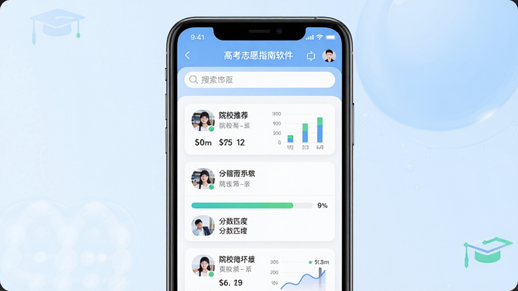高考志愿指南软件主界面截图,画面中央展示手机屏幕,屏幕上显示院校推荐列表和分数匹配进度条,背景为淡蓝色渐变,风格简洁清新,细节包含数据图表和搜索框,画质清晰干净无多余元素