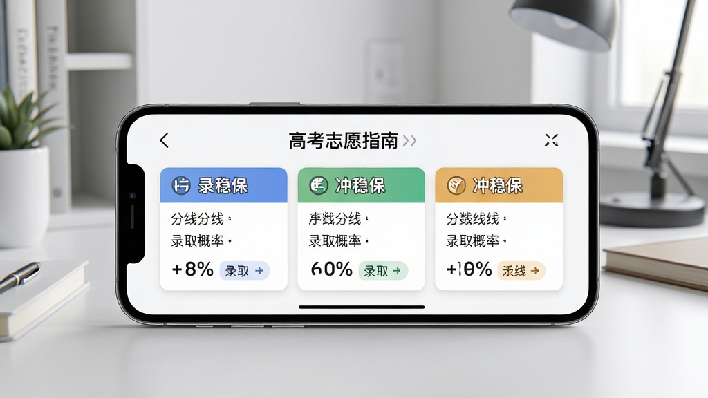 高考志愿指南智能推荐功能展示图,画面中一部手机横屏展示,屏幕内呈现冲稳保三档院校卡片,卡片上有分数线和录取概率百分比,背景为书房桌面,风格现代简约,画质高清干净无多余元素