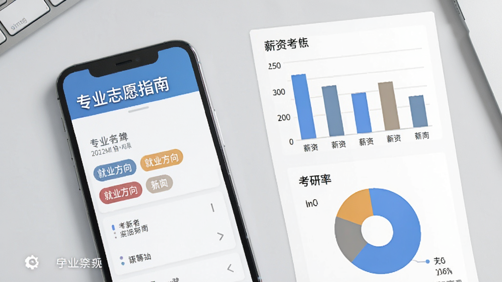 高考志愿指南专业就业解析页面截图,画面中手机屏幕显示专业名称和就业方向标签,旁边有薪资柱状图和考研率饼图,背景为浅灰色桌面,风格商务简洁,画质清晰干净无多余元素