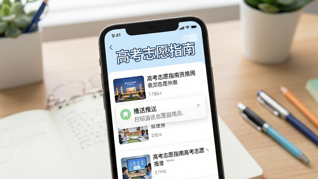 高考志愿指南资讯推送界面截图,画面中手机屏幕显示新闻列表和推送通知,屏幕上方有高考志愿指南文字标识,背景为书桌和文具,风格清新明快,画质清晰干净无多余元素