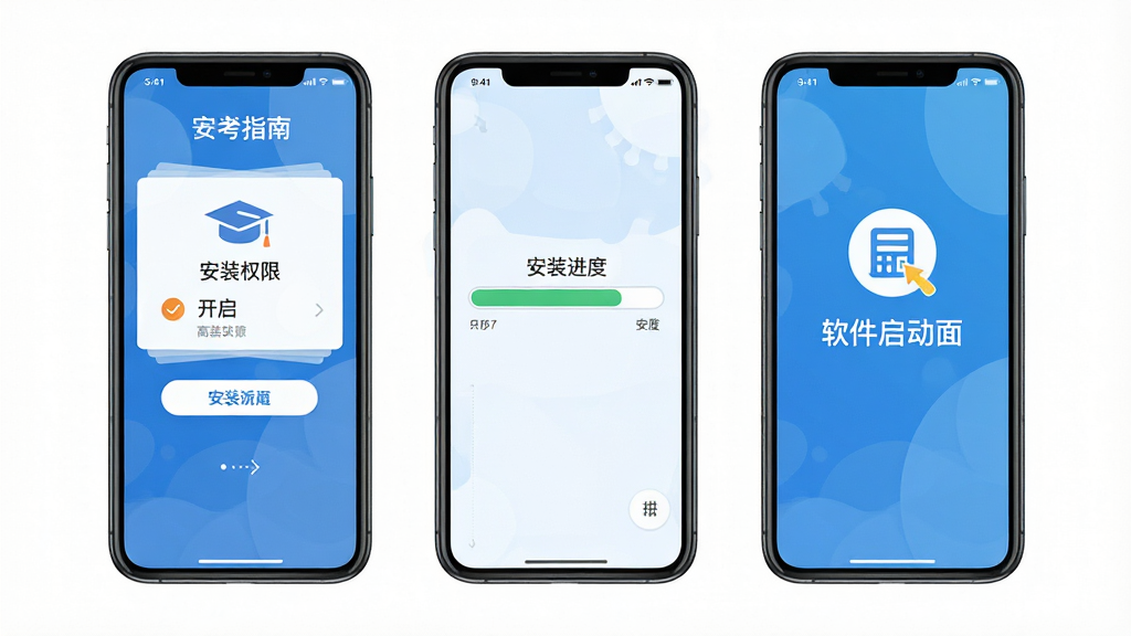 高考志愿指南手机安装步骤示意图,画面中展示三部手机依次排列,分别显示安装权限开启、安装进度条、软件启动画面,背景为纯白色,风格扁平化教学图示,画质清晰干净无多余元素