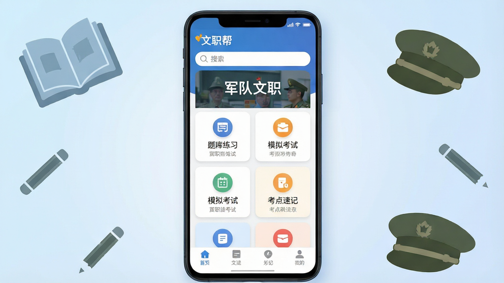 一张展示“文职帮”手机应用界面的效果图,主体为一部竖屏安卓手机,屏幕中央显示“文职帮”APP首页,页面顶部有搜索框与“军队文职”字样,中部为题库练习、模拟考试、考点速记等功能入口卡片,底部为导航栏;布局为手机居中、背景为淡蓝色渐变,周围点缀书本、铅笔、军帽剪影等学习与军队元素;排版整洁对称,风格为清爽扁平化UI设计;细节包括圆角图标、柔和阴影、清晰文字标注;画质高清,干净,无多余元素