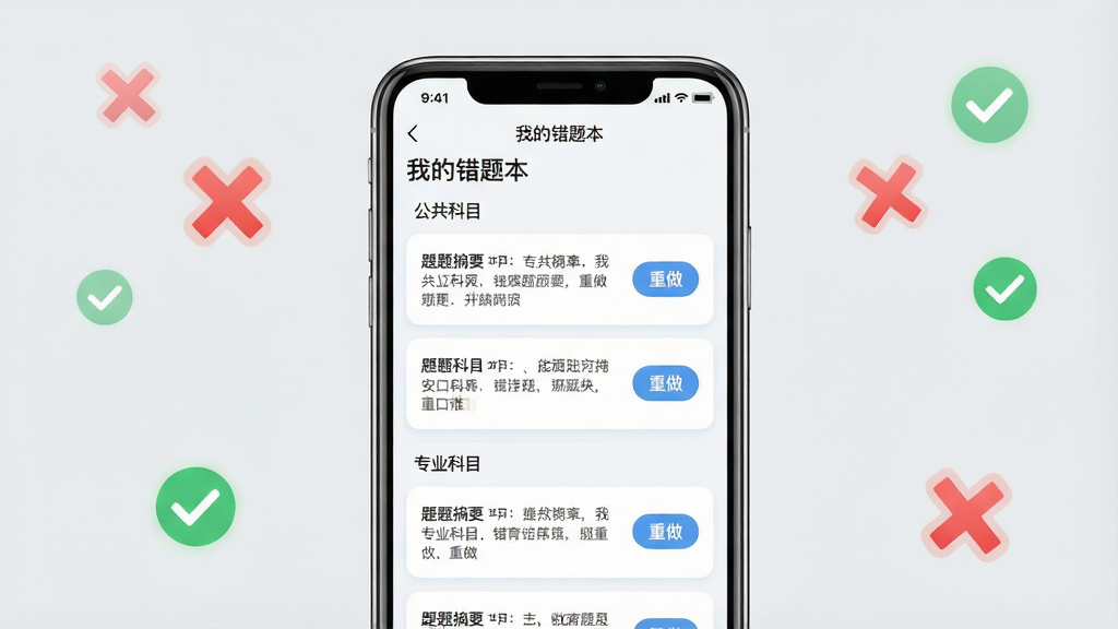 一张“文职帮”APP错题本功能界面展示图,主体为手机屏幕,屏幕内显示错题列表页面,顶部标题为“我的错题本”,下方按“公共科目”“专业科目”分组展示错题条目,每条包含题目摘要与“重做”按钮;布局为手机居中、背景为浅灰色,四周环绕红色叉号与绿色对勾的小图标;排版清晰,风格简约教育类UI;细节有圆角卡片、浅色分隔线、清晰中文字体;画质高清,干净,无多余元素