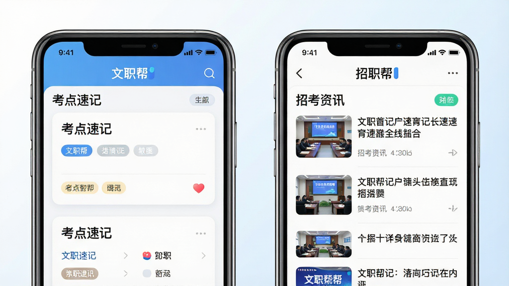 一张“文职帮”APP考点速记与资讯页面组合展示图,主体为两部并排的手机,左侧手机显示“考点速记”卡片列表,右侧手机显示“招考资讯”新闻列表;布局为双机并排居中,背景为白色到淡蓝色渐变;排版整齐,风格为现代教育类APP界面;细节包括卡片圆角、标签配色、清晰的标题文字“文职帮”;画质高清,干净,无多余元素