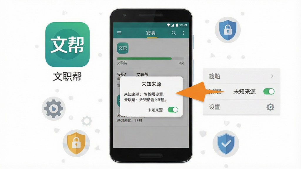 一张“文职帮”APP在安卓手机上的安装与权限设置操作示意图,主体为手机屏幕展示安装进度条与权限弹窗,旁边配有箭头指向设置菜单中的“未知来源”开关;布局为手机居中、四周环绕齿轮与盾牌小图标;排版简洁,风格为扁平化教程插图;细节包括清晰的“文职帮”图标、权限文字说明;画质高清,干净,无多余元素