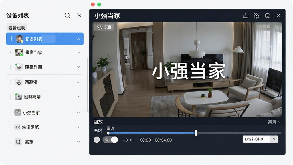 小强当家软件功能展示图,画面左侧是设备列表和分组标签,右侧是高清监控画面与回放时间轴,屏幕中显示