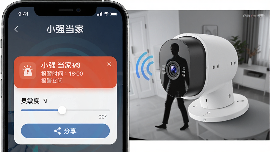 小强当家移动侦测报警功能示意图,画面中手机屏幕弹出报警通知,旁边有摄像头捕捉到的移动人物轮廓,屏幕上方有