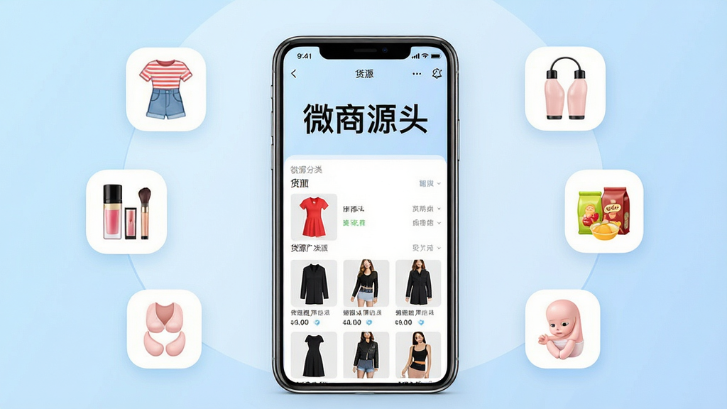 微商源头软件主界面全貌展示,画面中央放置一部智能手机,手机屏幕上清晰显示“微商源头”四个大字以及货源分类列表和商品缩略图,手机周围环绕着服装、美妆、食品、母婴等品类的小图标,背景为浅蓝色渐变,布局简洁有序,整体风格清新现代,细节上突出手机屏幕内的应用界面元素,画质高清,干净无多余元素