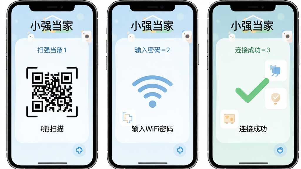 小强当家新手操作指南示意图,画面为手机屏幕展示设备添加步骤,包括扫描二维码、输入WiFi密码、连接成功三个画面,屏幕上方有