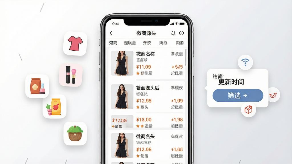 微商源头货源信息聚合功能展示图,画面中央一部手机屏幕显示“微商源头”应用内的货源列表页面,列表项包含商品图片、名称、价格和起批量,手机左侧漂浮着服装、美妆、食品等品类图标,右侧显示更新时间和筛选按钮,背景为白色到浅灰色的渐变,布局清晰,风格简洁商务,细节上突出列表的整齐排列和信息的完整呈现,画质高清,干净无多余元素