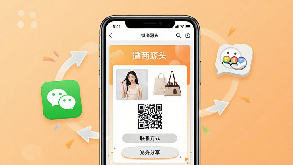 微商源头客源引流工具展示图,画面中央一部手机显示“微商源头”应用内的海报生成界面,海报上有商品图片、二维码和联系方式占位符,手机旁边漂浮着微信朋友圈图标和分享箭头,背景为浅橙色渐变,布局简洁,风格活泼明快,细节上突出海报模板的多样性和分享按钮的便捷性,画质高清,干净无多余元素