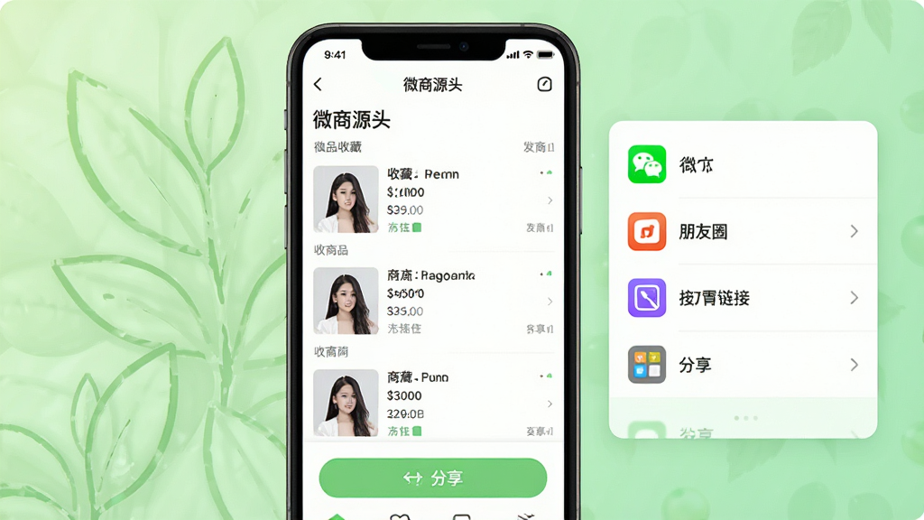 微商源头商品管理与分享功能展示图,画面中央一部手机屏幕显示“微商源头”应用内的商品收藏列表和分享按钮,手机右侧显示一个分享弹窗,包含微信、朋友圈、复制链接等选项,背景为浅绿色渐变,布局规整,风格清新自然,细节上突出收藏列表的整齐和分享选项的丰富,画质高清,干净无多余元素
