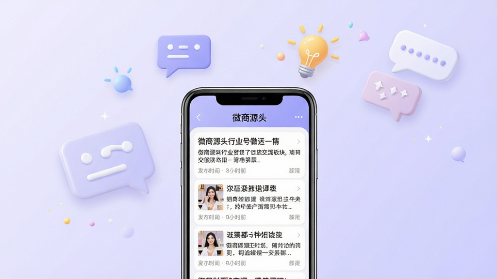 微商源头行业资讯与交流板块展示图,画面中央一部手机显示“微商源头”应用内的资讯列表页面,列表项包含文章标题、摘要和发布时间,手机上方漂浮着对话气泡和灯泡图标,背景为浅紫色渐变,布局清晰,风格温和友好,细节上突出资讯内容的丰富性和交流互动的氛围,画质高清,干净无多余元素