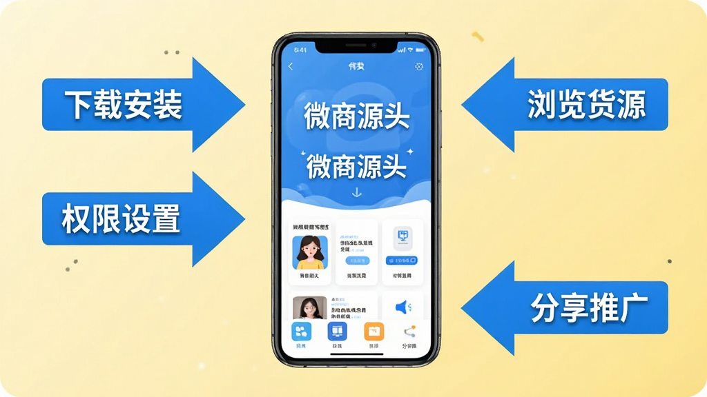 微商源头新手操作指引示意图,画面中央一部手机显示“微商源头”应用界面,手机旁边有四个步骤箭头分别指向“下载安装”“权限设置”“浏览货源”“分享推广”,背景为浅黄色渐变,布局清晰,风格简洁明快,细节上突出步骤的连贯性和操作的简易性,画质高清,干净无多余元素