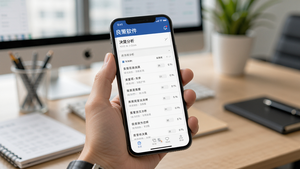 一张展示良策软件在手机屏幕上运行的AI生图,画面是一只手拿着智能手机,手机屏幕上显示着良策的决策分析列表界面,背景是模糊的办公桌面环境,风格生活化且真实,画质清晰,干净,无多余元素。