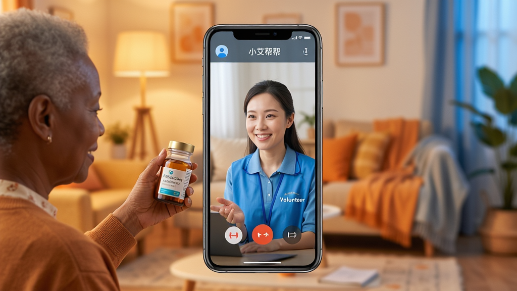 一张展示小艾帮帮软件核心功能的宣传图,画面中央是一部智能手机,手机屏幕上显示着小艾帮帮的视频通话界面,一位视障用户正通过手机摄像头对准一瓶药品,屏幕另一端是一位面带微笑的志愿者正在耐心指导。背景是温馨的居家环境,色调温暖柔和,以橙色和蓝色为主色调,画面干净整洁,突出科技与人文关怀的结合,高清画质,细节丰富,无多余元素。