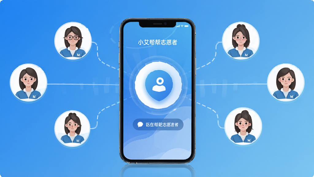 一张展示小艾帮帮志愿者快速匹配功能的示意图,画面中心是一个手机屏幕,屏幕上显示着正在匹配志愿者的动画效果,周围环绕着多个志愿者头像的小图标,用连线与中心相连。整体风格简洁现代,采用蓝色渐变背景,突出快速连接的概念,画质清晰,无多余元素。