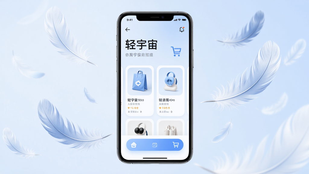 一款智能手机屏幕上展示“轻宇宙”应用界面,手机周围环绕着羽毛和羽毛状的轻盈元素,主体为手机居中,布局为左右对称,排版简洁,风格为清新科技风,细节包括手机屏幕上的商品卡片和购物车图标、柔和的蓝白色调、轻盈的羽毛漂浮效果,画质高清,画面干净,无多余元素