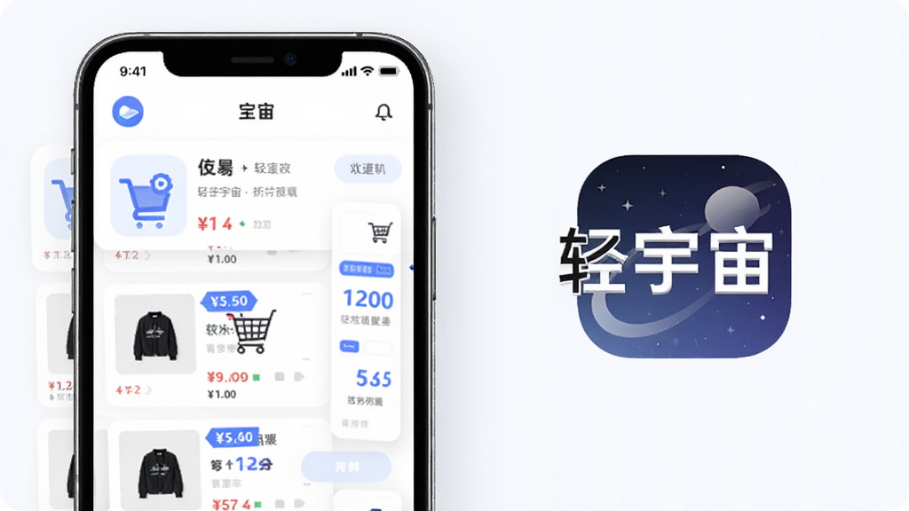 软件名称“轻宇宙”出现在画面中央,主体为手机屏幕展示购物车页面和商品列表,布局为左右结构,左侧为手机界面、右侧为软件名称和图标,排版简洁,风格为现代简约风,细节包括购物车图标、商品缩略图、价格标签、蓝色主色调、圆角按钮,画质高清,画面干净,无多余元素