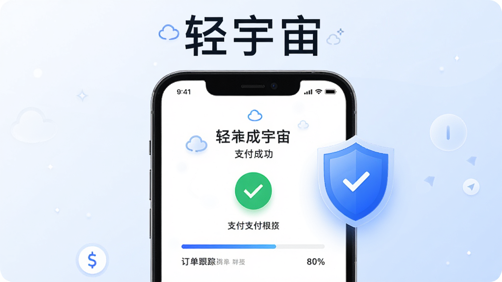 软件名称“轻宇宙”出现在画面顶部,主体为手机屏幕展示支付成功页面和盾牌安全图标,布局为上下结构,排版简洁,风格为安全科技风,细节包括蓝色的盾牌图标、支付成功对勾、订单跟踪进度条、柔和的渐变背景,画质高清,画面干净,无多余元素