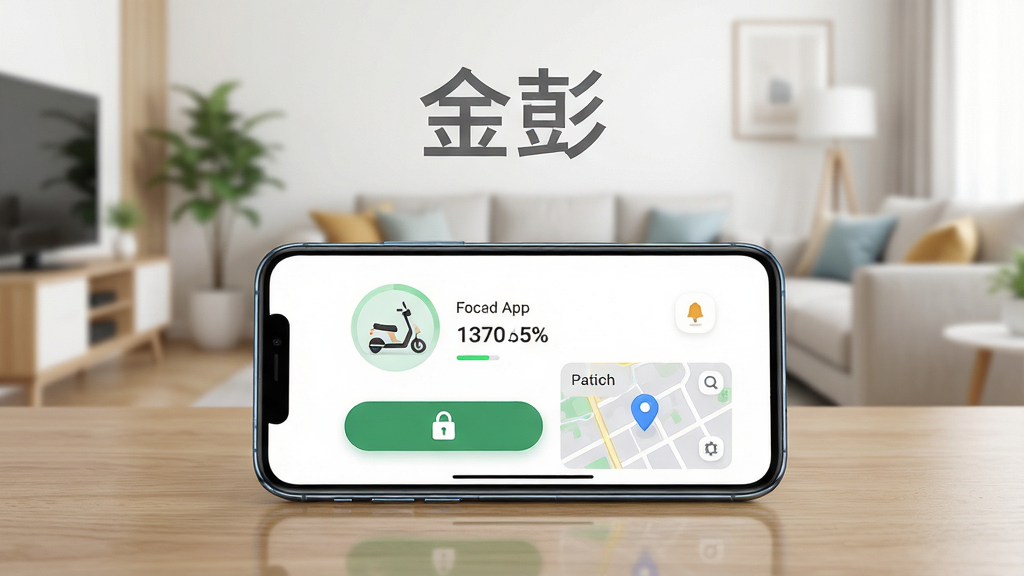 画面主体是一部智能手机放在木质桌面上,屏幕中显示金彭App的车辆管理界面,界面内有电动车图标、电量百分比、锁车按钮和定位地图模块,背景是明亮的居家客厅环境,布局采用居中构图,手机位于画面中央偏下位置,上方留白区域用简洁的灰色文字写着“金彭”,整体风格为现代科技感与生活化结合,细节上手机边缘有轻微反光,界面图标圆润清晰,画质为高清2K,干净无多余杂物