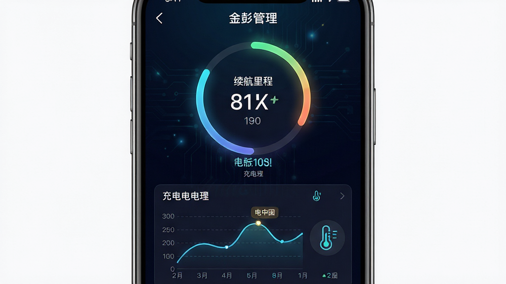 画面主体是手机屏幕特写,显示金彭App电池管理页面,页面中有环形电量图、续航里程数字、充电曲线折线图以及电池温度图标,背景为深色科技风格渐变,布局采用居中排版,屏幕内容占据画面主体,风格为UI设计展示,细节上数字清晰锐利,曲线图有轻微发光效果,画质为高清2K,干净无多余元素