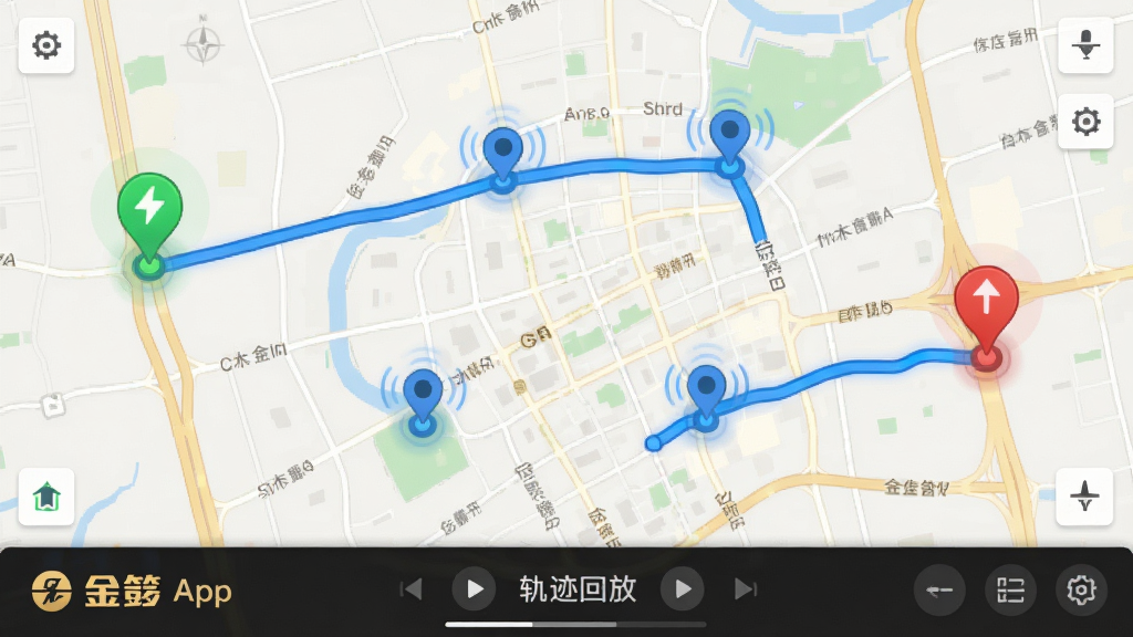画面主体是一张城市地图界面截图,地图上有一条蓝色轨迹线连接多个定位点,起点和终点分别用绿色和红色图标标注,地图下方有金彭App的轨迹回放控制条,背景为浅色地图底图,布局采用全屏地图铺满,风格为导航类应用界面,细节上轨迹线条流畅,定位点有脉冲动画效果,画质为高清2K,干净无多余元素
