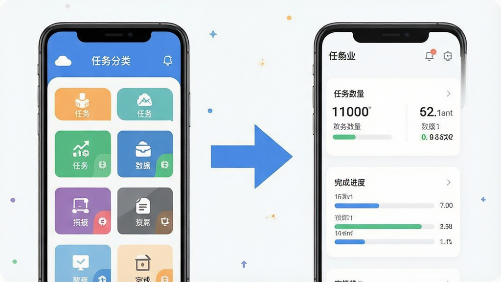 一张以“云副业”软件为主题的信息图,画面左侧为手机界面展示任务分类标签,右侧为数据看板展示任务数量与完成进度,中间以箭头连接,布局左右对称,风格为现代扁平化设计,细节包含图标和色块区分,画质高清干净,无多余元素