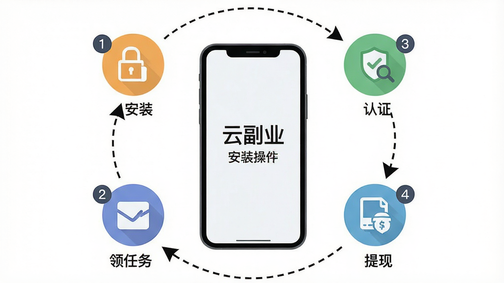一幅展示“云副业”软件操作步骤的示意图,画面以手机屏幕为中心,周围环绕着安装、认证、领任务、提现四个步骤的图标,用虚线箭头连接成流程,布局为环形排列,风格为简洁扁平化信息图,细节包括手机轮廓和步骤编号,画质清晰干净,无多余元素