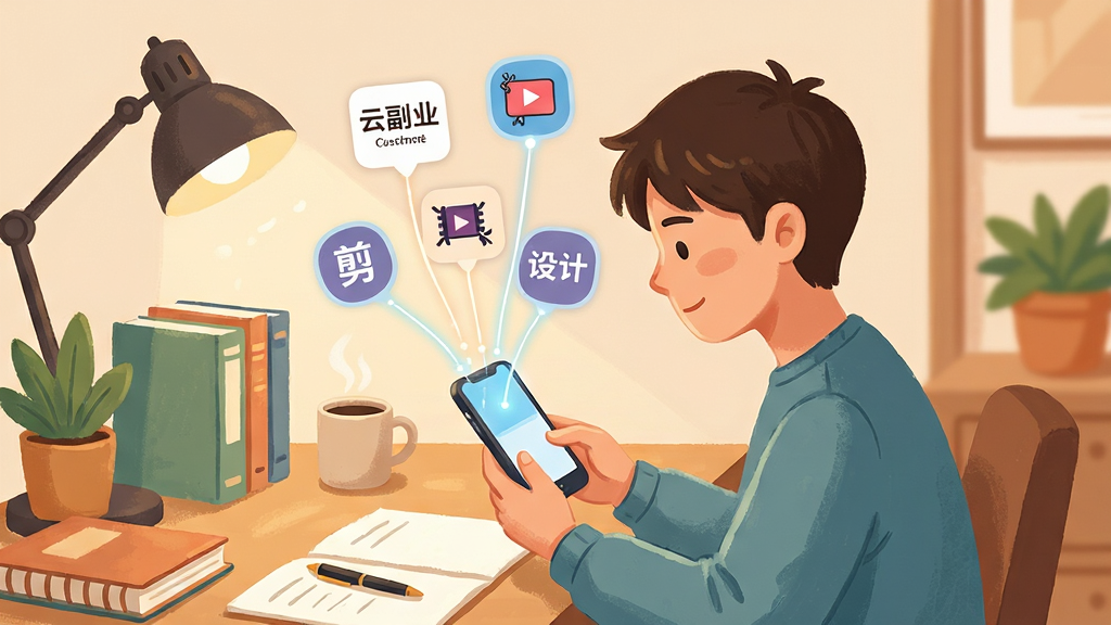 一幅展示“云副业”软件技能匹配功能的场景图,画面中一位年轻人坐在书桌前看着手机,手机屏幕上方漂浮着文案、剪辑、设计等技能图标,图标通过光线连接到手机屏幕,布局以人物为视觉中心,风格为温馨插画风,细节包括桌面物品和柔和灯光,画质清晰干净,无多余元素