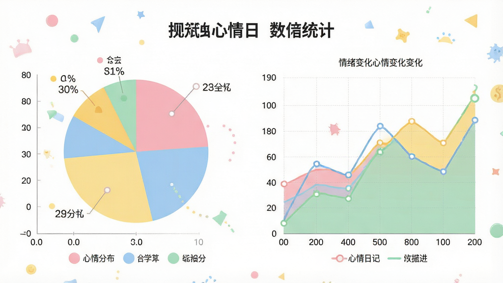一张信息图表风格的插画,展示心情日记本的心情统计页面,画面左侧是彩色心情分布饼图,右侧是情绪变化折线图,图表使用柔和的粉、蓝、黄、绿色块,背景为纯白,风格为现代数据可视化设计,细节包括清晰的坐标轴、圆润的图例标签、细腻的网格线,画质高清,画面干净整洁