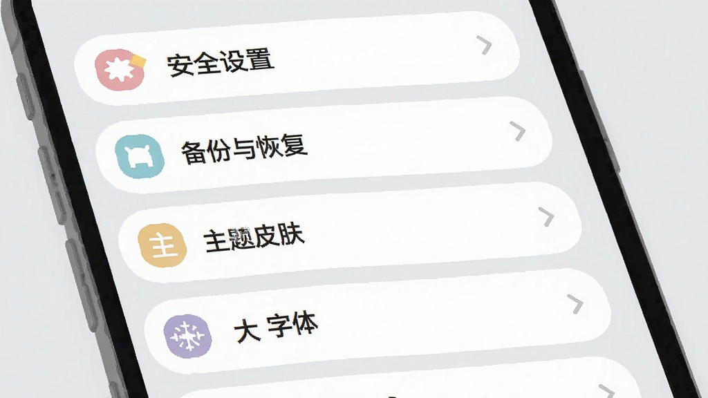 一张手机屏幕截图风格的插画,展示心情日记本的设置页面,画面中有多个设置选项列表,包括安全设置、备份与恢复、主题皮肤、字体大小等条目,每个条目配有简洁的图标,背景为浅灰色,风格为扁平化移动端UI设计,细节包括圆角矩形选项框、清晰的文字标签、柔和的图标色彩,画质高清,画面干净无杂乱