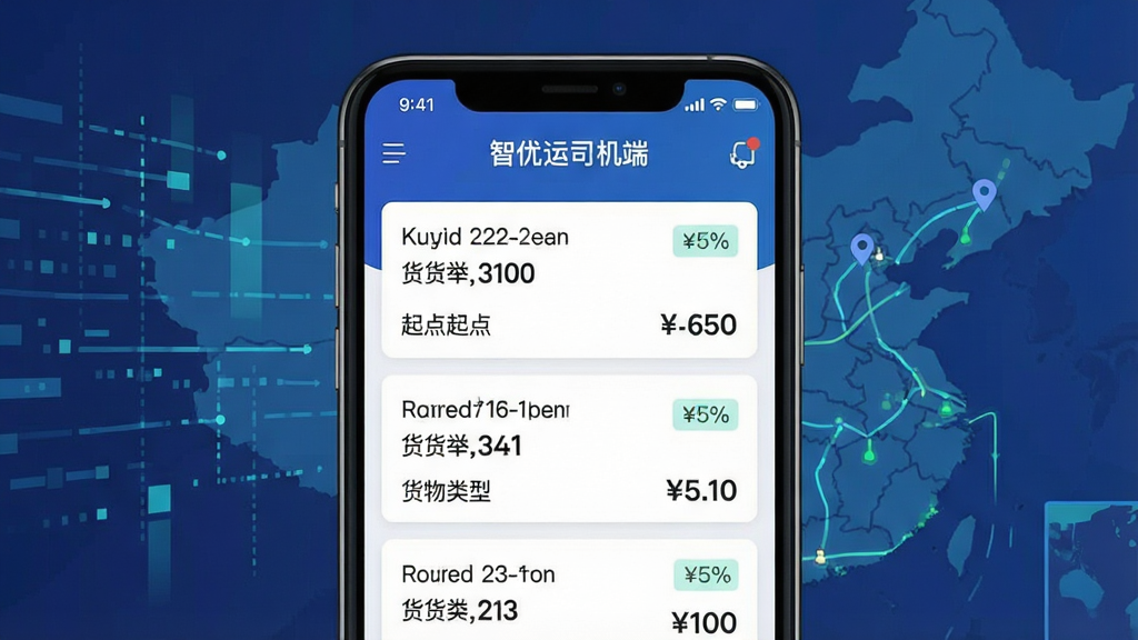一张展示智优运司机端智能货源匹配功能的图片,画面主体为手机屏幕特写,屏幕上显示多个货源卡片按匹配度排序,每张卡片包含起点终点、货物类型和运费信息,背景为抽象的数据流和地图线条,布局为居中构图,风格为扁平化科技插画风,细节包括「智优运司机端」应用名称和匹配度百分比标识,画质清晰,画面干净,无多余元素