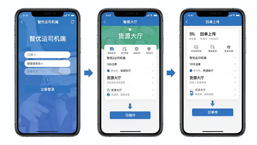 一张展示智优运司机端在手机端操作流程的图片,画面为三部手机并排展示,分别显示注册登录、货源大厅和回单上传三个界面,布局为横向排列,风格为扁平化UI展示风,细节包括「智优运司机端」应用名称和操作箭头指示,画质清晰,画面干净,无多余元素
