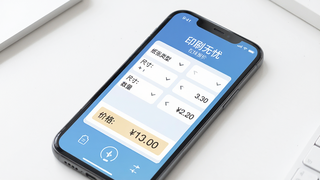 手机屏幕显示“印刷无忧”在线报价界面,界面中有纸张类型、尺寸、数量选择项和价格数字,背景为干净白色桌面,风格扁平化UI设计,细节清晰,画质高清干净无多余元素
