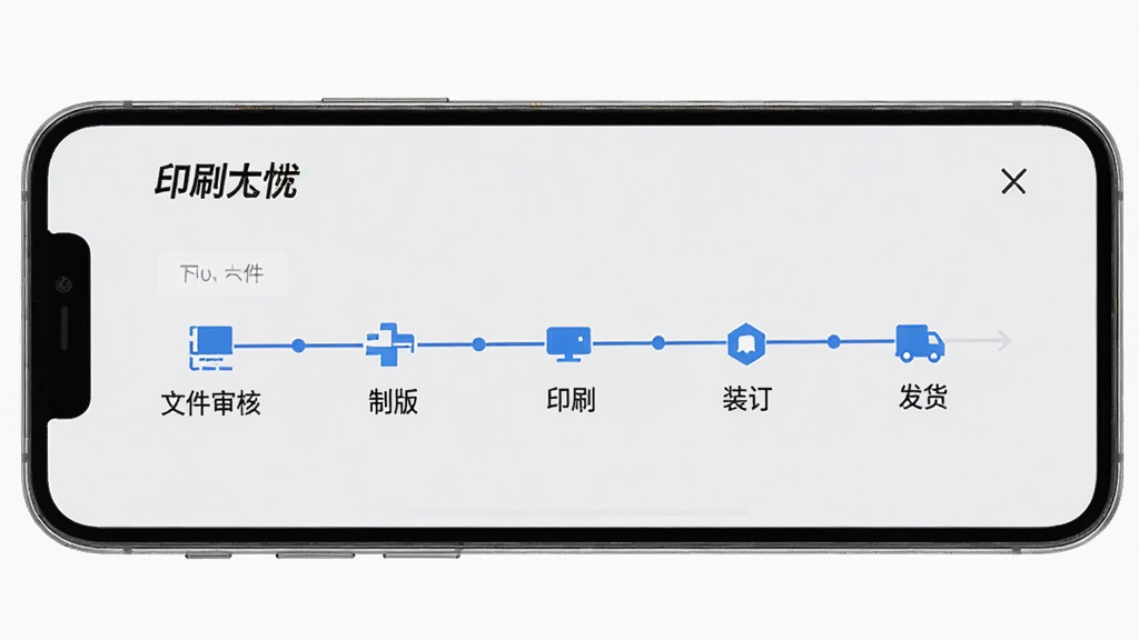 手机屏幕展示“印刷无忧”订单跟踪时间轴界面,时间轴上标注文件审核、制版、印刷、装订、发货等节点,背景为浅灰色,风格简约商务,画质高清干净无多余元素