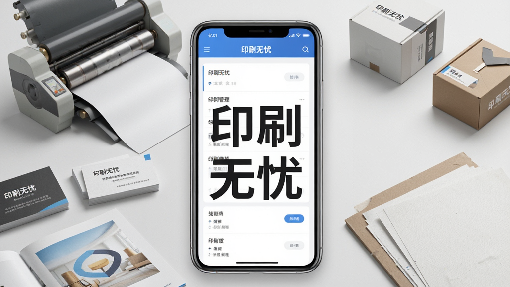 一张展示“印刷无忧”软件主界面的手机样机图,画面中央是手机屏幕,屏幕内显示“印刷无忧”四个大字及印刷订单管理界面,周围散落印刷品样张如画册、名片、包装盒,整体布局居中对称,风格简洁现代商务,细节包括印刷机滚筒、纸张纹理,画质高清干净无多余元素